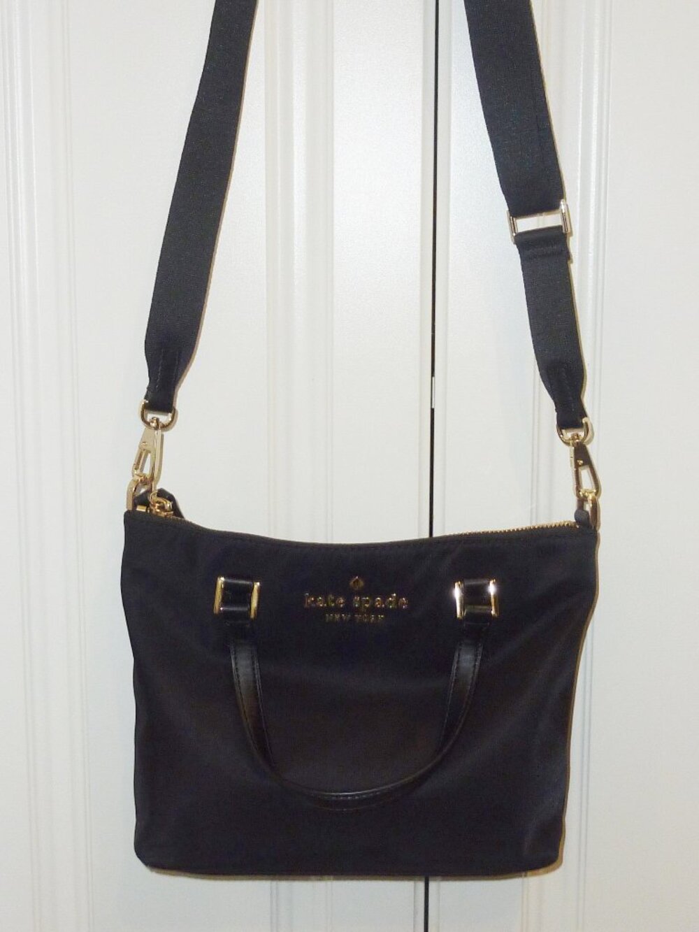 New Kate Spade Black Nylon Crossbody and/or Handle Carry Gold Tone KS Logo